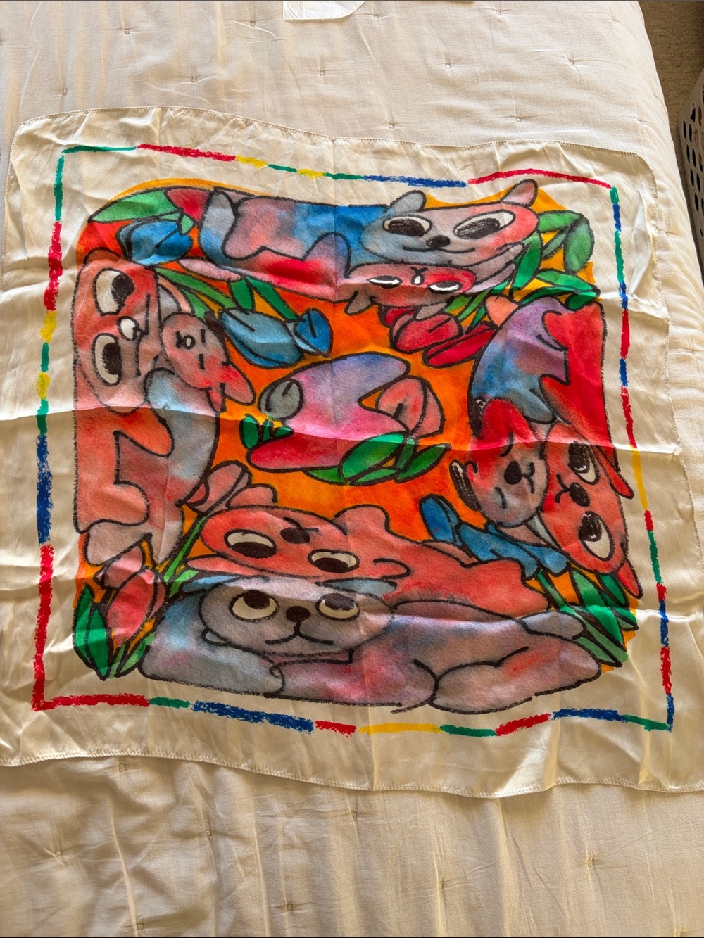 Whimsical Multicolor Cartoon Animal Silk Scarf